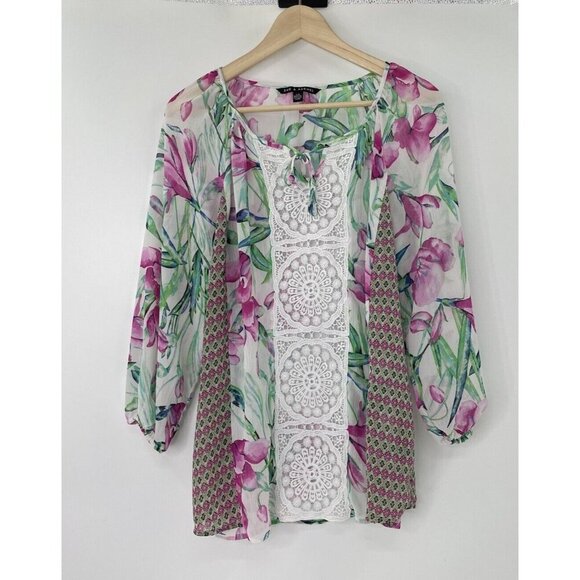 Zac & Rachel‎ Women’s Tie Front Chiffon Floral Blouse Size Large, Boho, Crochet - Picture 1 of 10